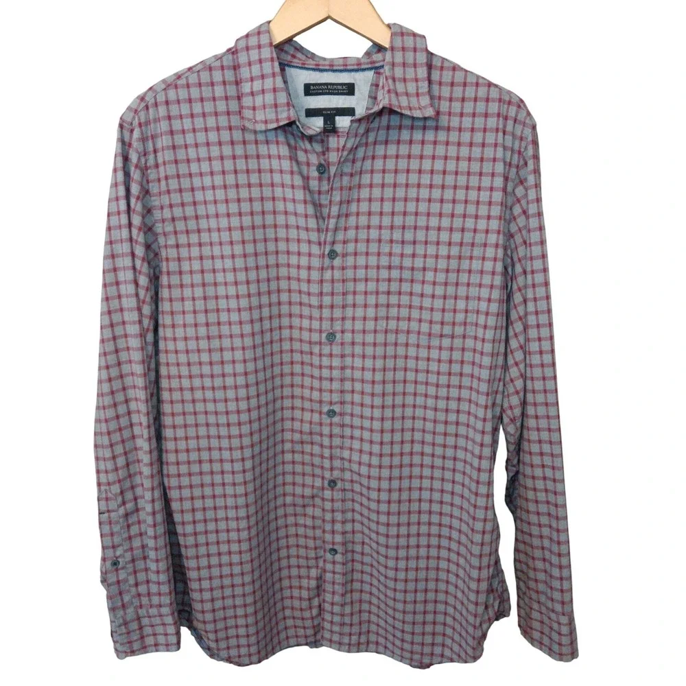 Banana Republic Custom 078 Wash Slim Fit Plaid Long Sleeve‎ Shirt Men's L
